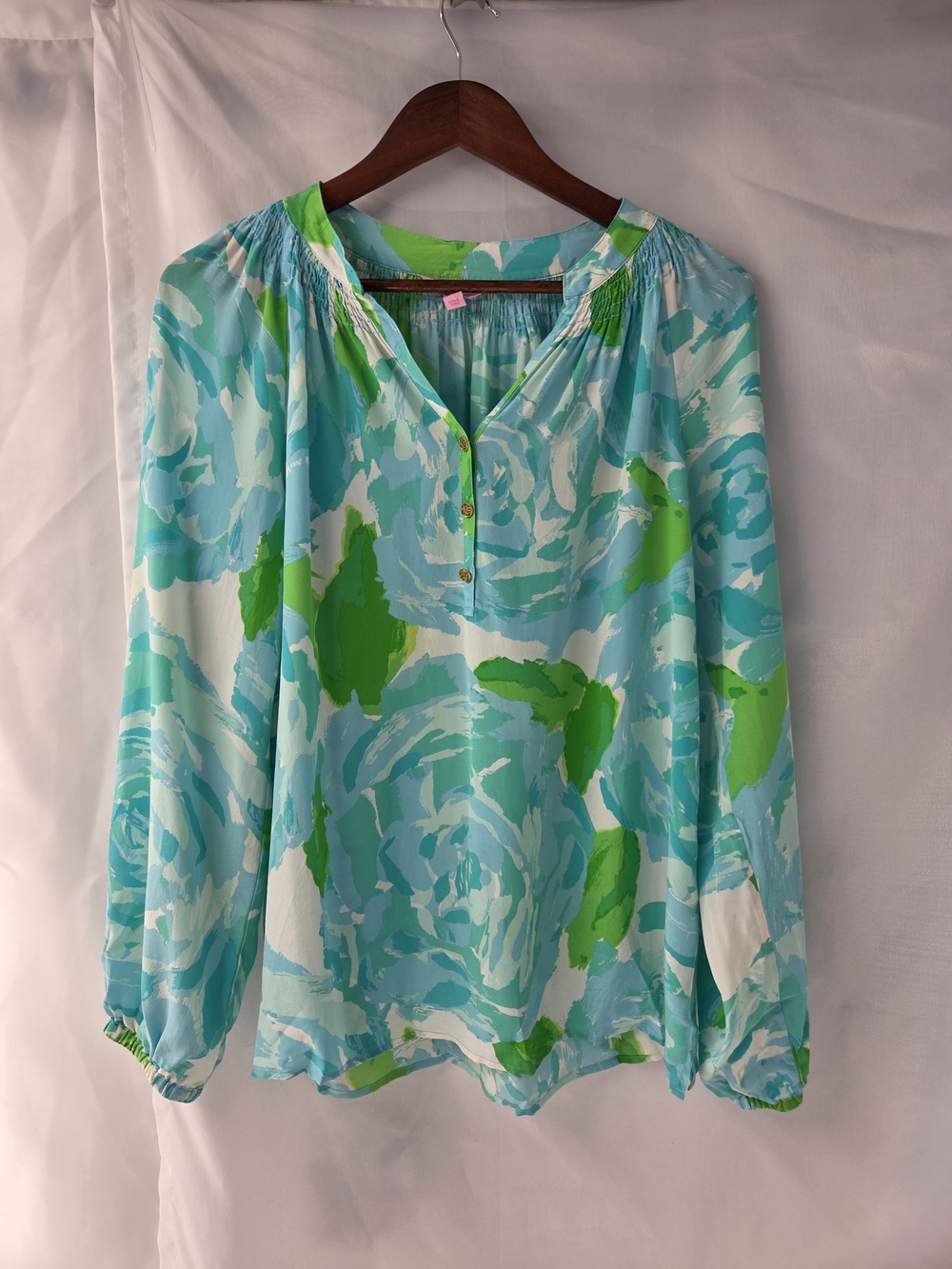 Lilly Pulitzer Elsa Top Silk Blouse First Impression Poolside Blue Green M